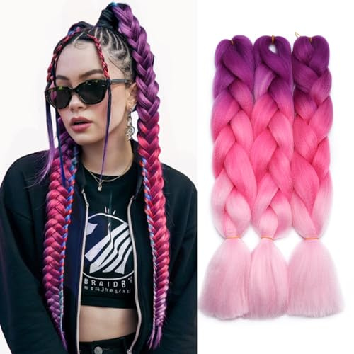Silk-co Braids Extensions 60cm Kunsthaar zum Einflechten, 3 Stücke Braids Haare, Crochet Hair Für Jumbo Braids Box Braid Twist Zopf Haarverlängerung Purpur-Kirschenrot-Rosa