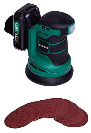VONROC Levigatrice orbitale VPOWER 20V - Ø125mm. Include una batteria da 2.0Ah, caricabatterie, sacchetto raccolta polvere e 12 pezzi di carta abrasiva