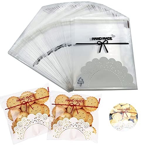 200PCS Self-Adhesive Lovely Lace Bowknot Clear Treat Bags - 5.9x5.9 Inch DIY Plastic Individual Candy & Cookie Bags