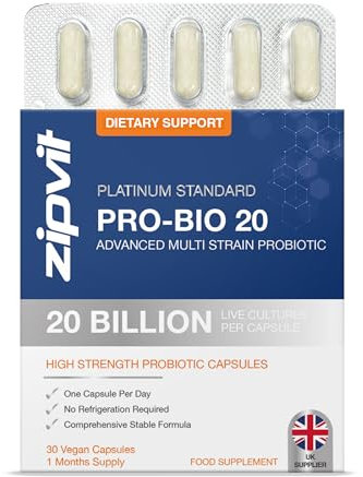 Zipvit Pro Bio 20 Billion CFU Probiotics for Gut Health, High Strength, 30 Vegan Probiotic Capsules for Men & Women, 3 Live Bacterial Cultures, Lactobacillus & Bifidobacterium Animalis