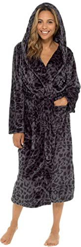 KATE MORGAN Ladies Dressing Gown Fluffy Super Soft Hooded Bathrobe for Women Plush Fleece Perfect Loungewear Long Robe | Gifts for Women M PANTHER
