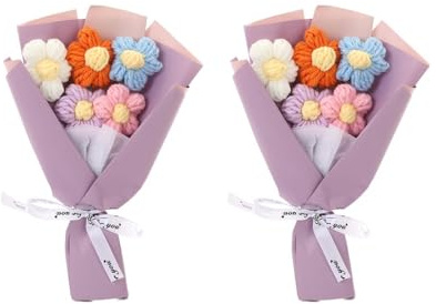 MiOYOOW 2 ramos de flores de ganchillo, hechas a mano, ramo de flores artificiales para San Valentín, cumpleaños, boda, Navidad, Acción de Gracias