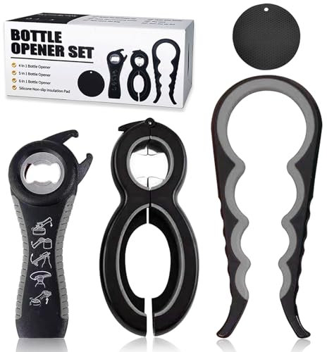 4 Stück Flaschenöffner für Senioren, Multifunktions Dosenöffner, Glasöffner Schraubdeckelöffner, Deckelöffner für Schraubgläser, mit Silikongriffpolster (Schwarz)