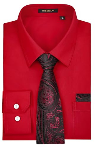 HISDERN Camicie Uomo Borgogna Eleganti Camicia con Cravatta attività Matrimonio Manica Lunga Regular Fit M