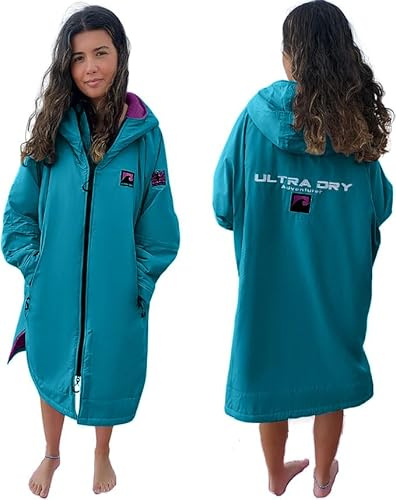 Ultra Dry waterproof changing robe with soft warm Sherpa Fleece Lining, changing robes adult womens mens for Swimming, surfing and Water-sports (Teal/Purple, L)