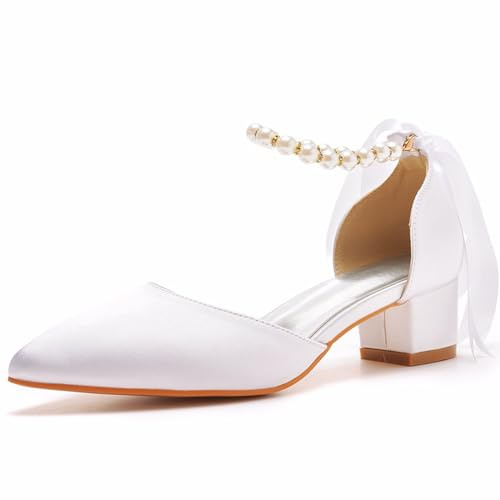 Scarpe da Sposa da Donna, 4Cm Tacco Basso Tacco Grosso Scarpe da Sposa Sandali, Abito Scarpe da Corte in Raso A Punta per Feste di Ballo Occasioni,Bianca,37 EU