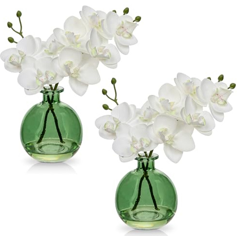 Lot de 2 orchidées artificielles blanches avec verre vert - Décoration pour orchidées artificielles dans un vase avec fleurs au toucher réel - Bonsaï artificiel pour hôtel, salon, bureau, cuisine