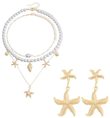 SIKAMARU 3 Starfish Shell Necklaces, 1 Pair of Starfish Earrings, Beach Jewelry Set, Pearl Necklace, Women's Pendant Jewelry