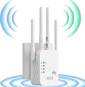 Repetidor WiFi,Amplificador Señal WiFi,WiFi Booster Extender,4 Antenas, 2 Puertos LAN,Modos Repetidor/Enrutador/Ap,Cobertura hasta 300sq Repetidor de Señal WiFi para Casa y Oficina