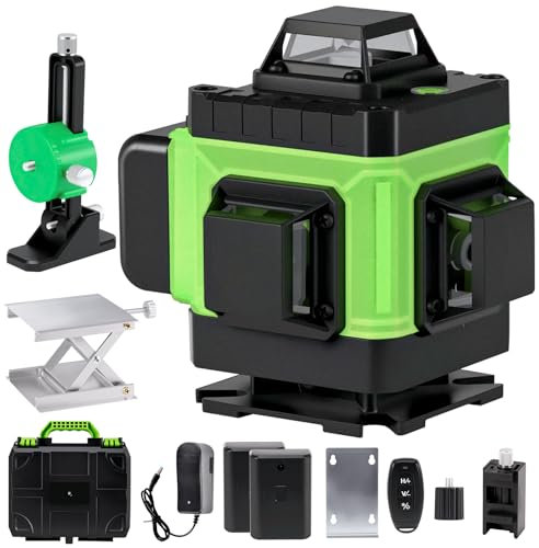 Laser Level Self Leveling 4 x 360°, 4D 16 Lines Green Laser Spirit Level with 2 Batteries, Lazer Tool with Adjustable Brightness Pulse Mode, Lifting Platform Wall Bracket Remote Control