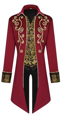 YORDET Men's Steampunk Tailcoat Medieval Retro Jacket Victorian Court Phnom Penh Embroidery Coat Vampire Costume Men for Adult (Red, S)