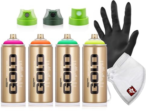 Montana GOLD Sprühdosen Set 400 ml – 4 Farben Neon Grün Pink Orange Gelb – inkl. 3 Sprühköpfe, Schutzmaske und Nitrilhandschuh – Künstler Spray Paint für Graffiti, Street Art und DIY