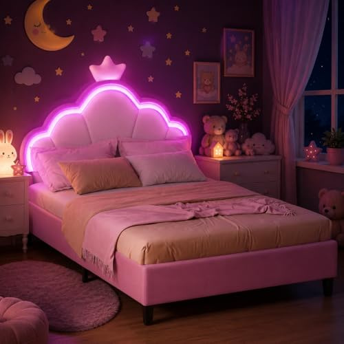 3ft Single Bed Frame with LED light, Velvet Upholstered Bed with Crown Shape, Pink Princess Bed with Height Adjustable Headboard,Children's Bed Youth Single Bed with Solid Wood Slats (Pink, 90x190cm)