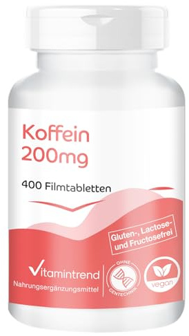 Vitamintrend Koffein 200 mg, 400 tabletter à 200mg, högdoserade, veganska utan magnesiumstearat, tillverkade i Tyskland