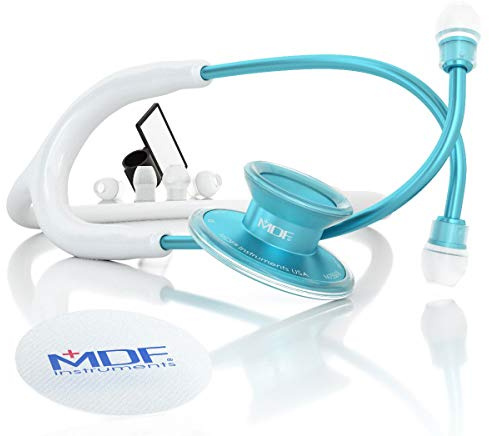 MDF Instruments, Acoustica Lightweight Stethoscope for Doctors, Nurses, Students, Home Health Use, Adult, Dual Head, White Tube, Aqua Chestpiece-Headset, MDF747XPAQ29