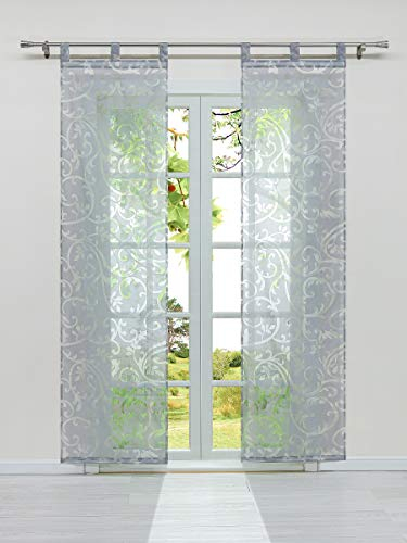 HeichkelL Schiebegardinen mit Schlaufen 2er Set Voile Transparente Flächenvorhänge Ausbrenner in Ranken-Muster Schiebevorhang Zubehör Beschwerungsstäben Grau BxH 57x225 cm