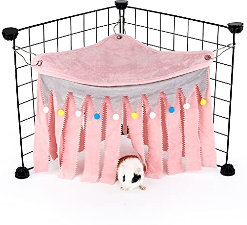 ONEJU Guinea Pig Hideout - Guinea Pig Corner Hideout, Three-Sided Fringes, Triangle Top and Washable Hides, Suitable Hides for Rabbit and Other Small Pets, No Metal Fences, Pink