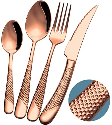 Xideman 16-Piece ​Modern Copper Hammered Silverware Set with Ultra Sharp 2-IN-1 Serrated Knife, Rose Gold 18/10 Stainless Steel Flatware Set, Utensil Cutlery Set for 4 Person, Forks Spoons Knives Set