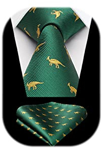 HISDERN Green Tie for Men Dinosaur Pattern Ties Handkerchief Novelty Animal Print Wedding Necktie & Pocket Square Set