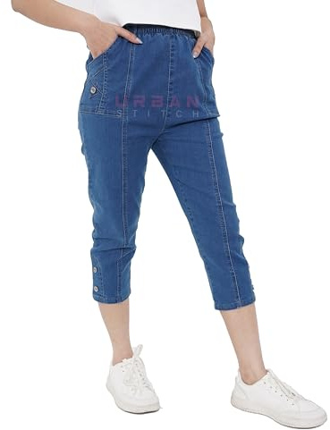 URBAN STITCH Womens Capri Trousers Ladies Three Quarter Soft 3/4 Cropped Jeans UK Ladies Stretch Pull on Trousers Elasticated Waist Plus Size Jeans Shorts. (18, Jeans Blue)