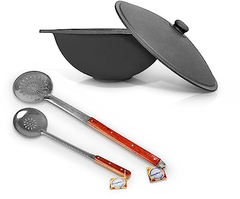 Gusseisen Kazan 16 L, Schaumlöffel für Plov, 64 cm, Schaumlöffel für Plov, 48 cm Uzbekisch mit Aluminiumdeckel Schöpfkelle, Schaumlöffel, Holzlöffel, Schaumlöffel, Spachtel WOK Plov Feuerofen