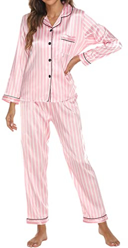 Ensemble de Pyjama Femme 2 Pièces Pyjama en Satiné De Soie avec Poche Manche Longue Classique Vêtements de Nuit