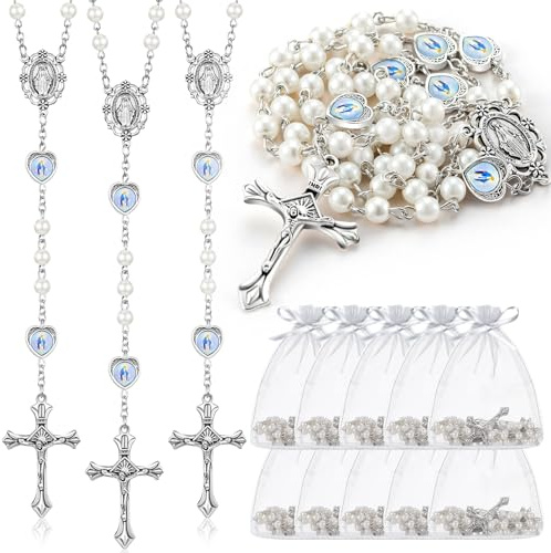 ROCEEI 40 Pcs Catholic Glass Pearl Beads Rosary Necklace 6 mm Beaded Cross Necklace with Crucifix and Rosary for Women (White)