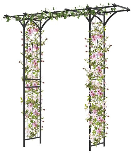 GYTMAX 206 cm Arco da Giardino con Tetto Piatto, Gazebo in Metallo con Tralicci e Tetto Esteso per Piante Rampicanti, Rose Pergola Decorativa da Esterno per Cerimonie di Matrimonio, Prati e Feste
