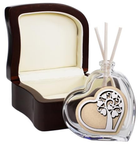 DLM-A321 Bomboniere Profumatore linea cuore scatola Albero della Vita Cresima Comunione Battesimo 18 Compleanno Matrimonio diffusore cm 8x6,5 da 50 ml realizzato in vetro e legno