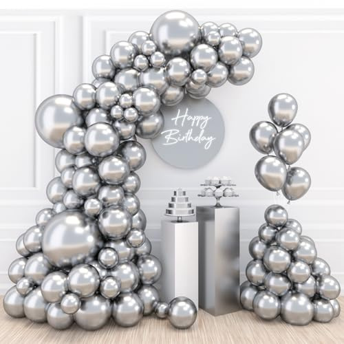 Kit per arco di palloncini argentati, 110 pezzi, in argento metallizzato, di diverse dimensioni, 45,7 cm, 30,5 cm, 25,4 cm, 12 cm, 12 cm, per feste, decorazioni per feste di compleanno, matrimoni