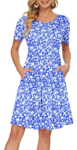 AUSELILY Vestido Informal de Manga Corta con Pliegues Sueltos y Manga para Mujer Dos Bolsillos Flores Azules M