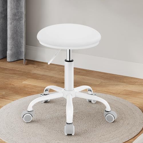 EUGAD Sedia da Ufficio Regolabile in Altezza, Sgabello Girevole a 360°con Rotelle, Sedia da Trucco per Camera da Letto Studio Soggiorno Cucina, 45,5-57,5 cm, PU, Bianco, 0180BGY