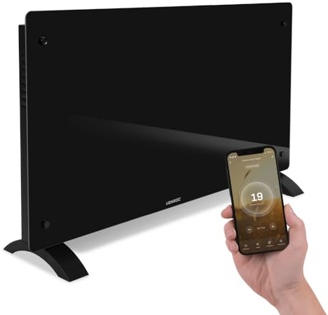 VONROC Convecteur électrique Smart 2500W - Panneau en verre avec écran LED - Contrôle WiFi via App Tuya Smart Life - Thermostat 5-50°C - Minuterie - IP24 - Mur ou Sol Noir