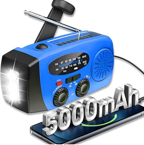 ZDAGELD Radio de Emergencia con Manivela Solar, Radio Portátil Am/FM/Dab con Banco de Energía de 5000 MAh, Linterna LED, SOS, IPX3 Resistente Al Agua para Exteriores y Supervivencia (Versión Europea)
