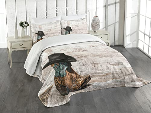 ABAKUHAUS Western Tagesdecke Set, Rodeo-Cowboy-Schmutz-Hut, Set mit Kissenbezügen Romantischer Stil, für Doppelbetten 220 x 220 cm, Braunen schwarzen