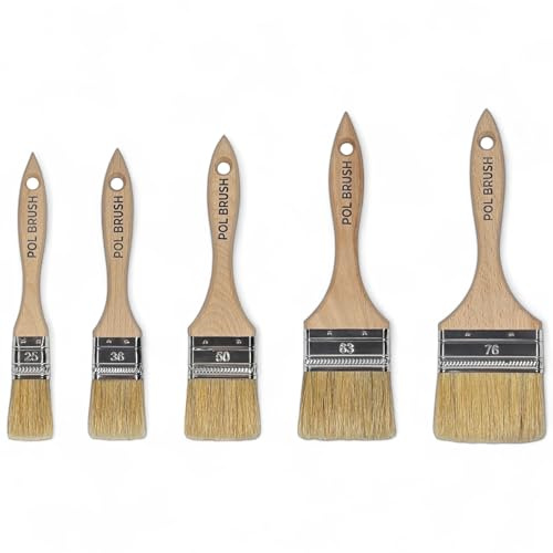 Set of 5 1, 1.5, 2, 2.5, 3 Inch Flat Paint Brushes - High European Quality - Natural Bristles - for Home, Wood, Walls, Art, Trim & Furniture - for Acrylic, Oil, Stain, Chalk & Latex Paints