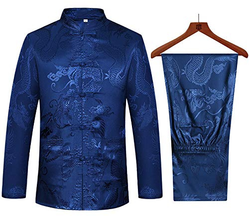 Tang Suit Men Hanfu Chinese Traditional Clothes Kung Fu Shirt Uniform Long Sleeved Coat Tops and Pants (Navy Blue, Large)