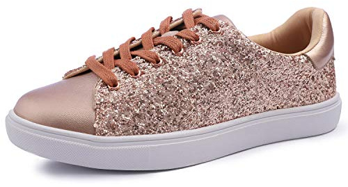 Feversole Women's Shiny Featured PU Leather Tonal Colorful Lace-Up Fashion Glitter Trainer