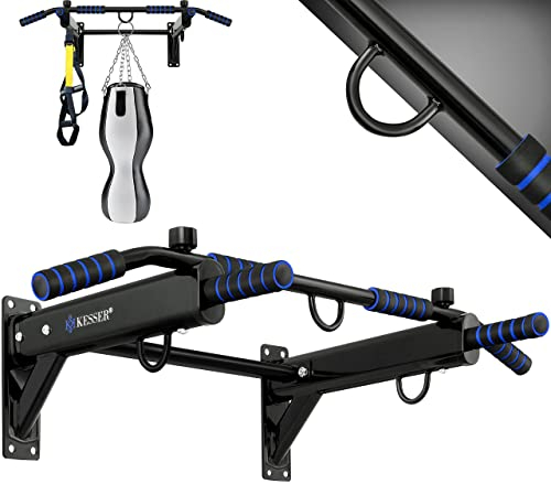 KESSER® 4in1 Klimmzugstange zur Wandmontage rutschfesten Griffen zusätzliche Funktion für Seile Ringe und Boxsäcke verschiedene Griffpositionen | sicher & stabil | + Montagezubehör Pull Up Bar indoor