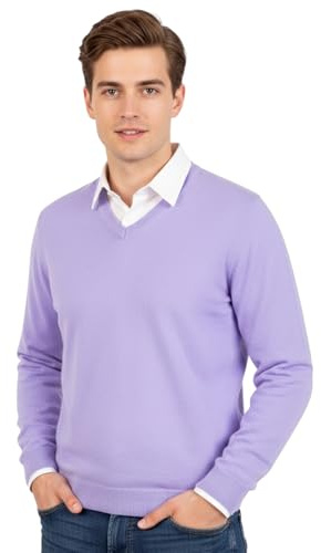 Marenza Scollo V Uomo Manica Lunga Misto Cashmere Seta Made in Italy (L, Lilla)