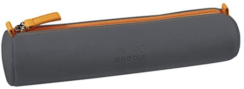 RHODIA 319046C - Astuccio Tondo Titanio - 21,5 x 5,5 cm - Vere cuciture arancioni - Interno Jersey Avorio - Simil Cuoio - per penne, matite, pennarelli, piccole forniture - Rhodiarama