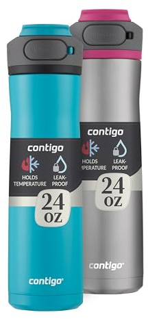 Contigo Cortland Chill 2.0 Wasserflasche mit Autoseal-Deckel, Edelstahl-Wasserflasche, 680 ml, 2er-Pack, Wacholder und Drachenfrucht