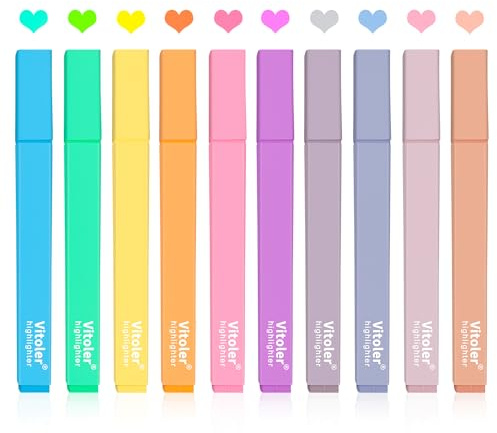 Vitoler 10Pcs Aesthetic Highlighters, Chisel Tip Marker Pens,Assorted Color Candy Highlighters,No Bleed Bible Highlighter,Cute Pastel Highlighter for Journaling Planner Notes School Supplies