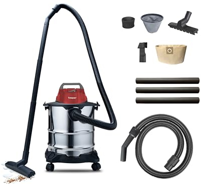 BEPER P202ASP300 Aspiratore solidi e liquidi 1000W, Serbatoio 20L, Bidone aspiratutto, Funzione Soffiatore, 4 ruote, cavo 5 metri, Acciaio