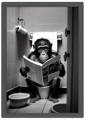 Zametti Foto da bagno, scimmia scimpanzé su WC, formato A4, poster decorativo, immagini in bianco e nero, senza cornice, regalo divertente