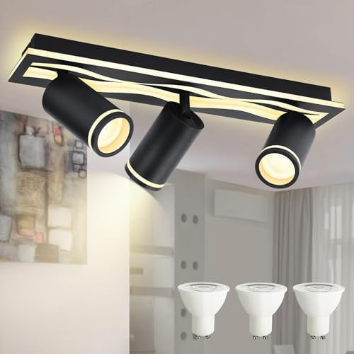VAYALT LED Deckenleuchte 3 Flammig, 19W+3x6W GU10 Deckenstrahler LED Schwenkbar, 3000K Warmweiß Deckenleuchte, Wandstrahler Schwarz, Modern Strahler Deckenspot, für Küche, Schlafzimmer, Wohnzimmer