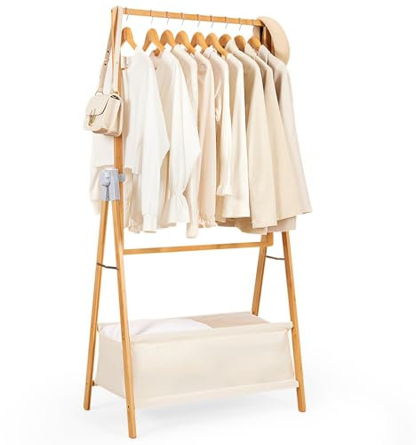 Yorbay Kleiderständer Bambus Garderobenständer mit Aufbewahrungskiste, Freistehender Kleiderstange mit Stoffsäckchen, Faltbarer Garderobe zum Aufbewahren von Kleidung Schlafzimmer Waschküche