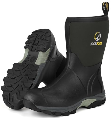 Kalkal Rubber Boots for Men, Waterproof Mid Calf Mens Rain Boots, 6mm Neoprene Insulated Mens Rubber Work Boots for Hunting Gardening Farming Fishing Mud Working, Size 8-13