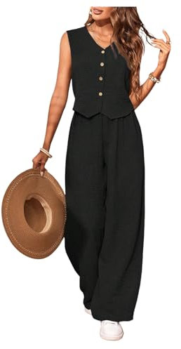 GORGLITTER Women's 2 Piece Co Ord Sets Button V Neck Sleeveless Blouse Long Pants Lounge Wear Casual Outfits Black X-Small