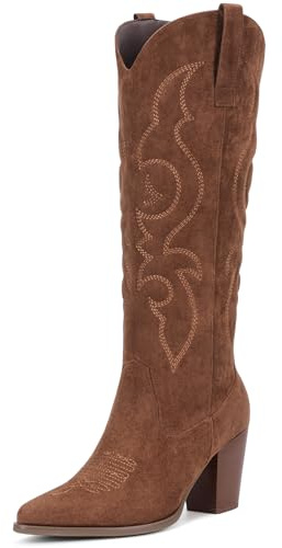 Pasuot Suede Cowboy Boots for Women - Western Knee High Cowgirl Boots with Side Zipper, Retro Pointed Toe Tall Block Heel Pull On Long Boot Fall Winter Concert Rodeo Festival Daily Dark Brown Size 7
